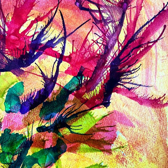 Desert Cactus Original Acrylic Inks Wall Art Painting 11x15in Red Green Yellow - Picture 7 of 10